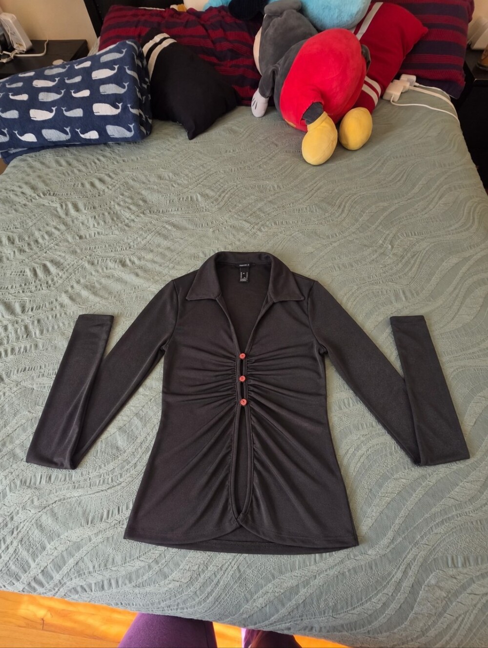 Dark Green Ruched Long Sleeve Button Front Top